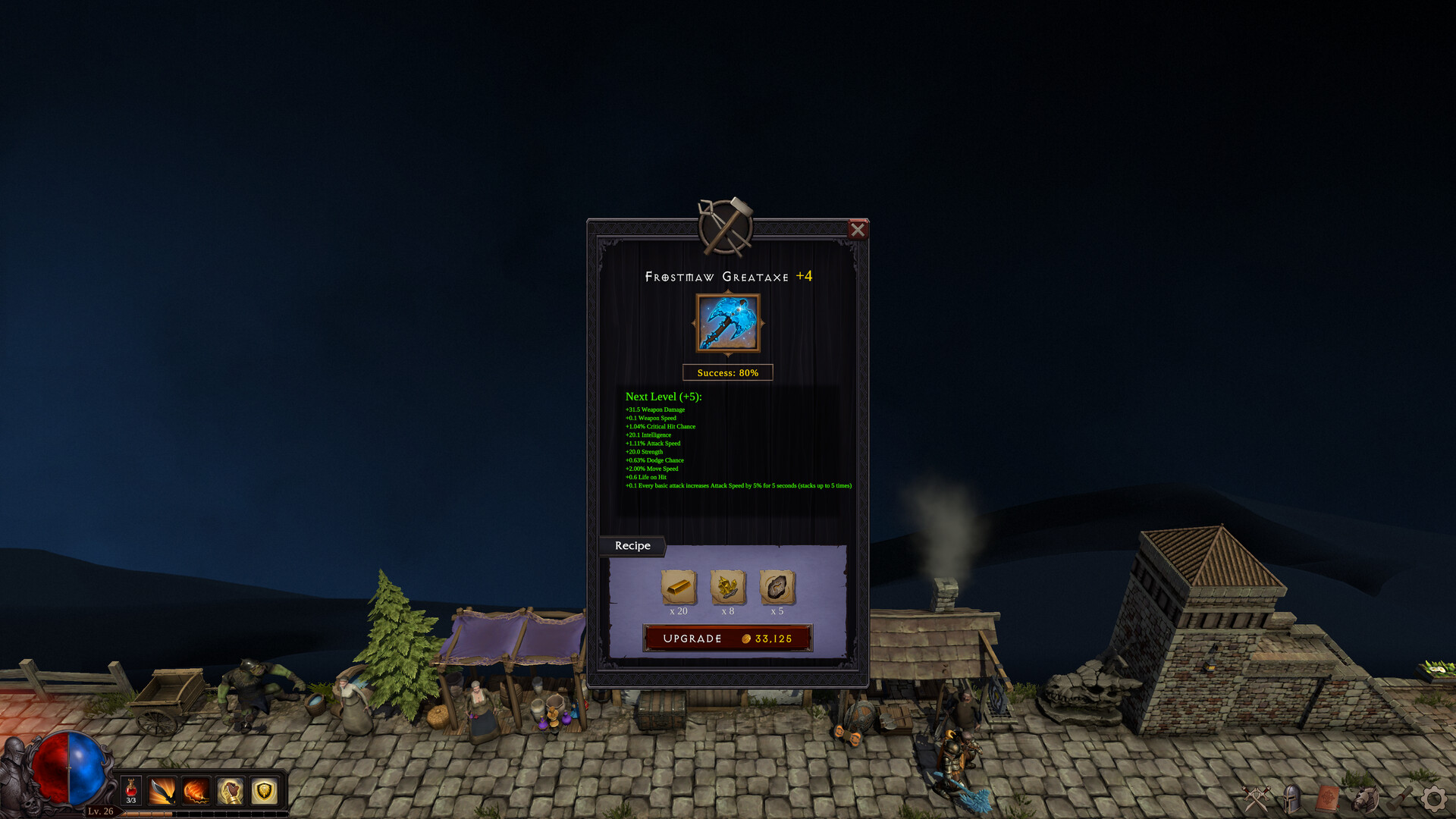 An equipment upgrade window showing a recipe and upgrade button.